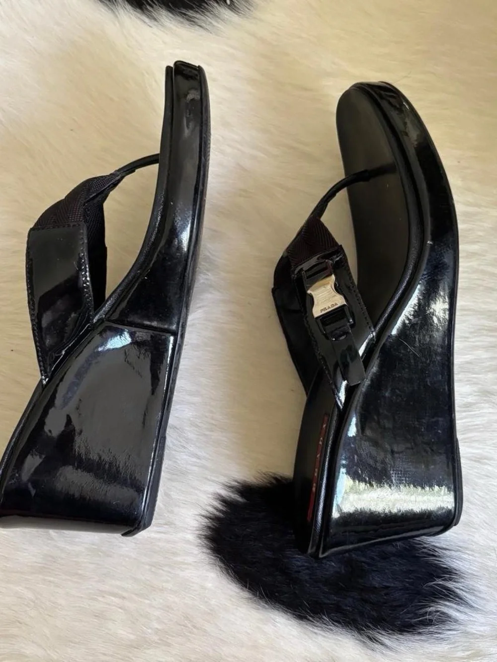 Vintage Prada Sport Black Wedge Thong Sandals with Buckle Detail